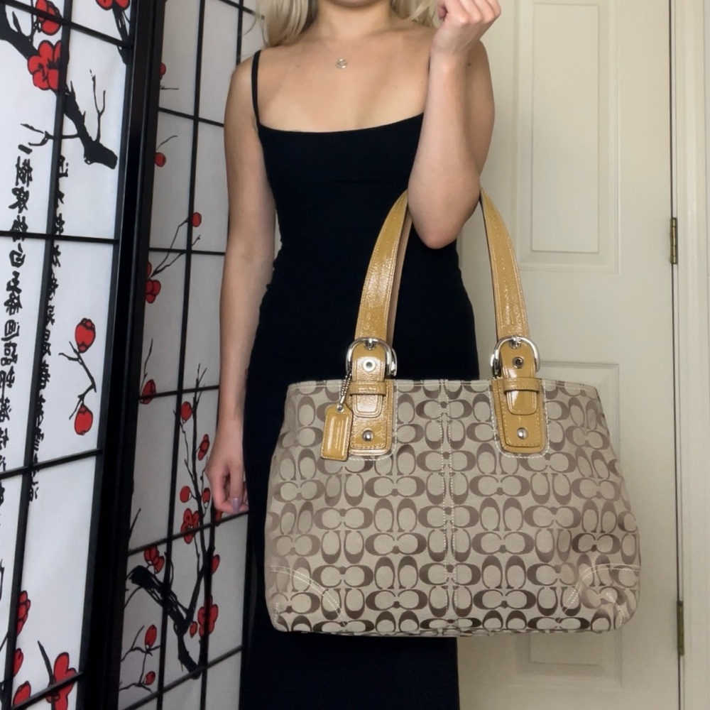 Vintage Y2K Coach Signature Tan Brown Canvas Patent Leather Tote Shoulder Bag